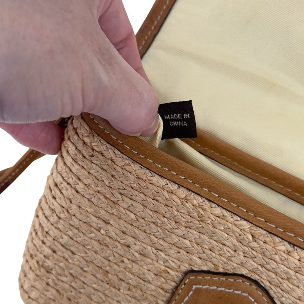 Coach Straw Summertime Clutch Wristlet Bag Natural Leather Trim Turnlock Coastal